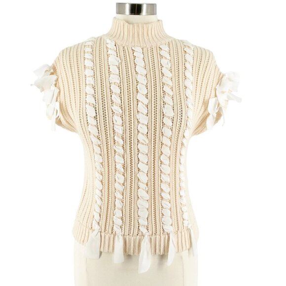 Club Monaco Cream Knit White Laced Trim Short Sleeve Turtleneck Sweater Small - Picture 1 of 5